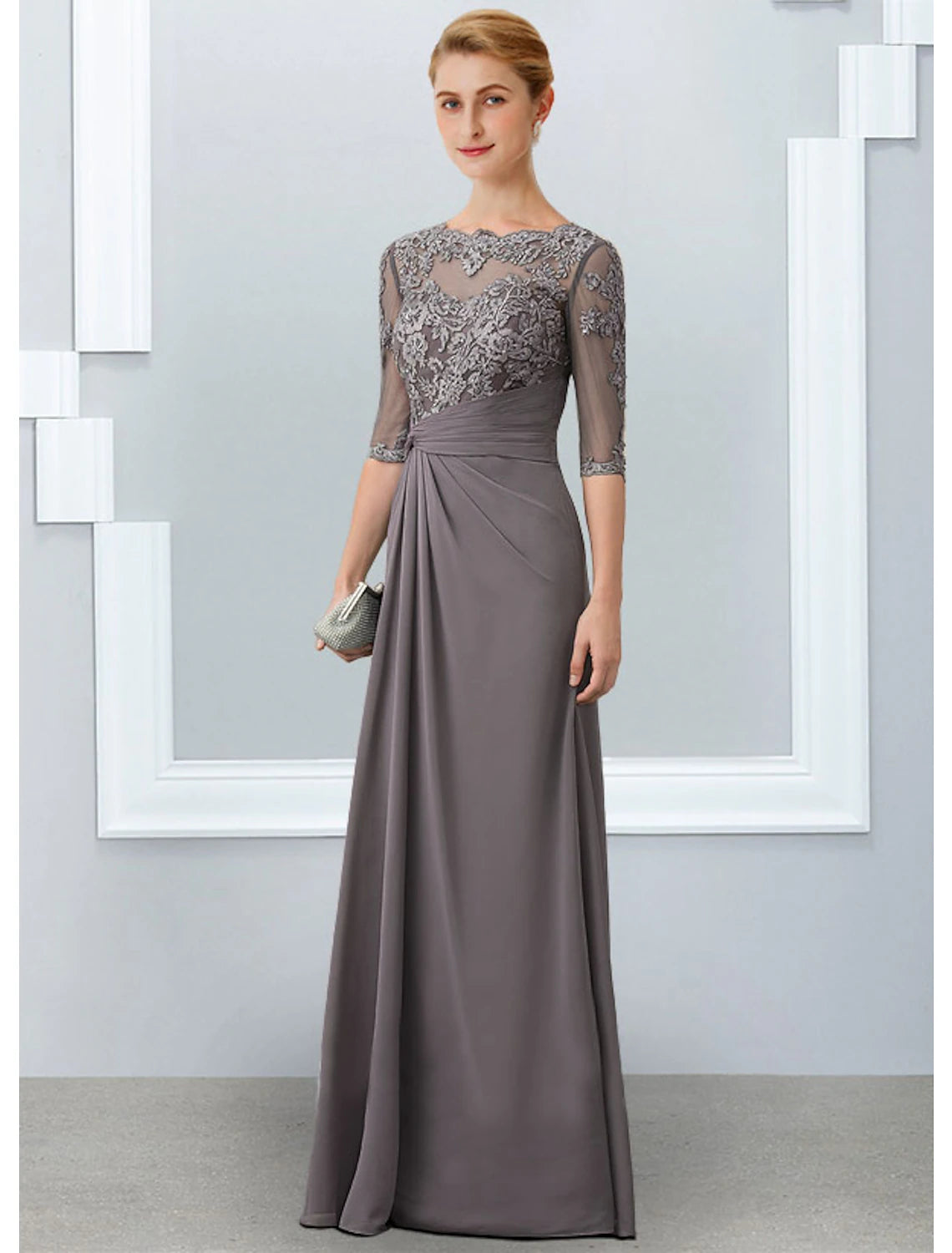 Wholesale  Sheath / Column Mother of the Bride Dress Elegant Jewel Neck Floor Length Chiffon Lace 3/4 Length Sleeve with Appliques